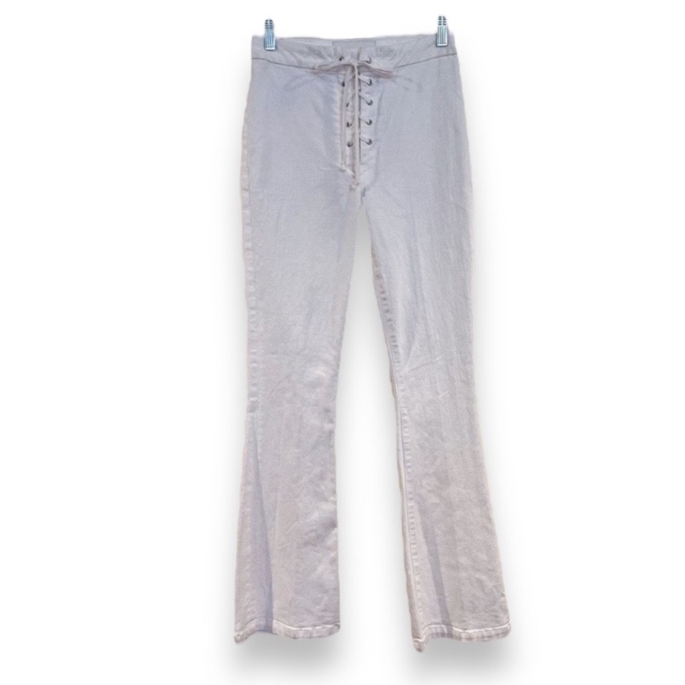 Mother Superior "The Lace Up" White High Waisted Lace Up Denim Flare Jeans 27